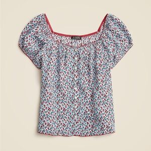 J. Crew Cap Sleeve Top in Poppy Crepe de Chine, Floral Print - Red and Blue